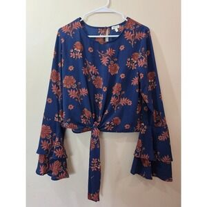 Selfie Blue Floral Tiered Bell Sleeve Front Tie Blouse Top Large Boho RN96741